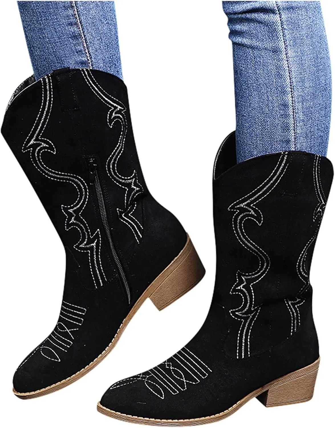 Cathalem Cowboy Boots for Women Mid CalfWestern Boots Women Wide Calf Embroidered Round Toe Square Heel Cowgirl Cowboy Boots