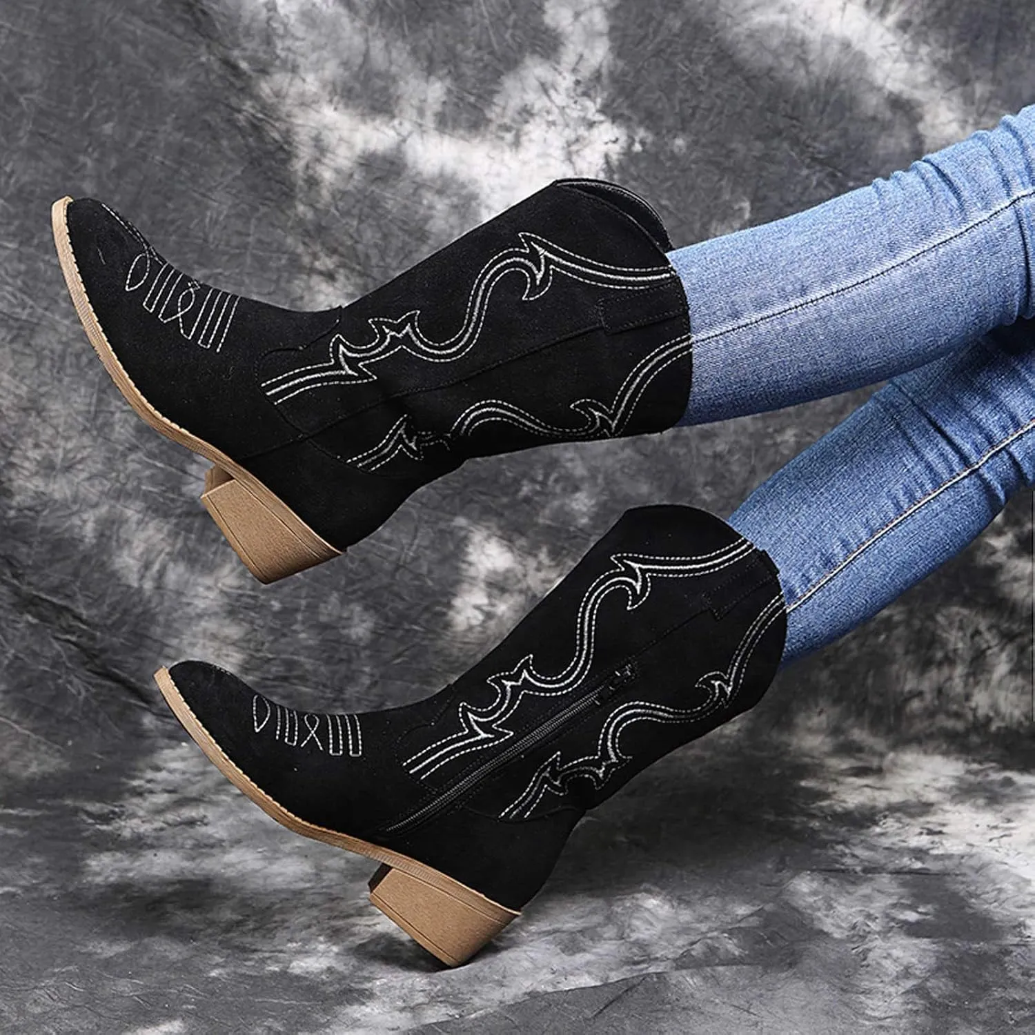 Cathalem Cowboy Boots for Women Mid CalfWestern Boots Women Wide Calf Embroidered Round Toe Square Heel Cowgirl Cowboy Boots