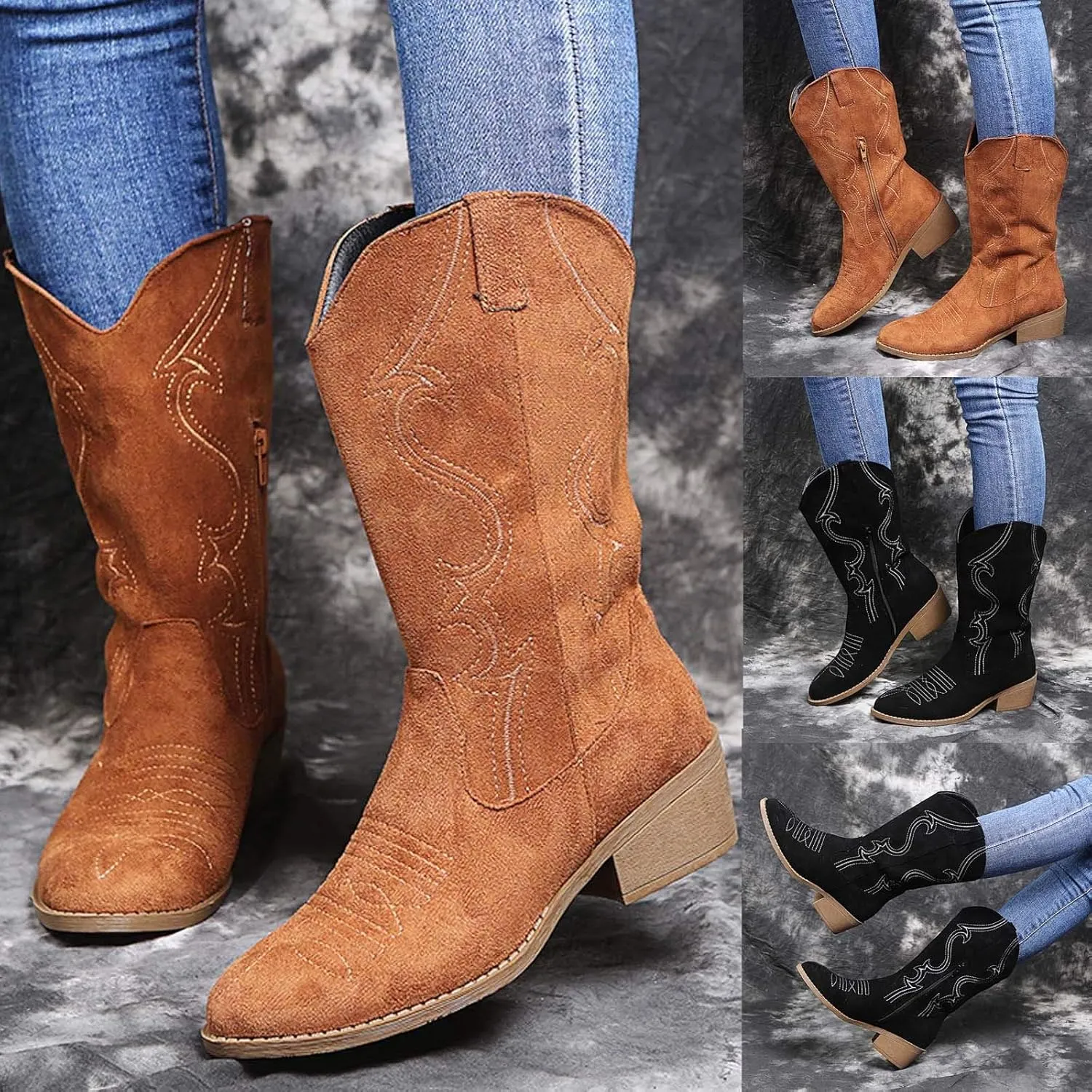 Cathalem Cowboy Boots for Women Mid CalfWestern Boots Women Wide Calf Embroidered Round Toe Square Heel Cowgirl Cowboy Boots