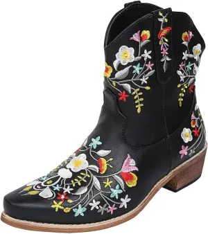 Cathalem Cowboy Boots for Women,Women Flower Embroidered Ankle Cowgirl Boots Western Boots Chunky Heel Pull On Short Boots