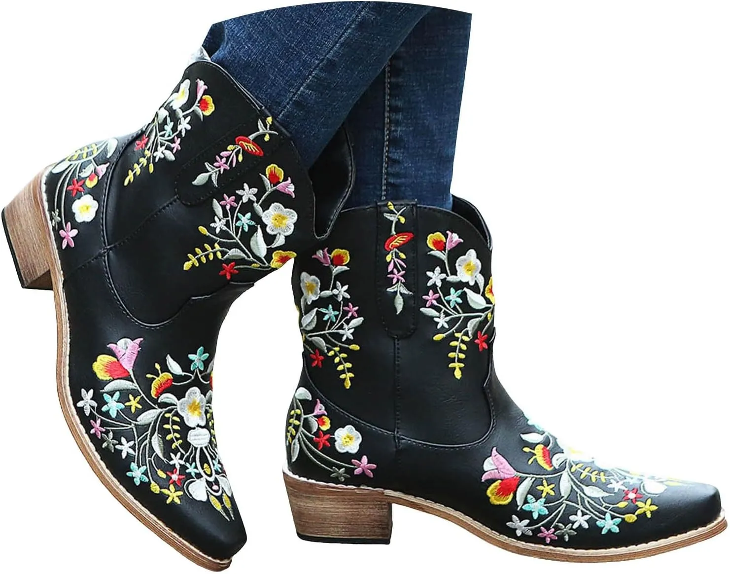 Cathalem Cowboy Boots for Women,Women Flower Embroidered Ankle Cowgirl Boots Western Boots Chunky Heel Pull On Short Boots