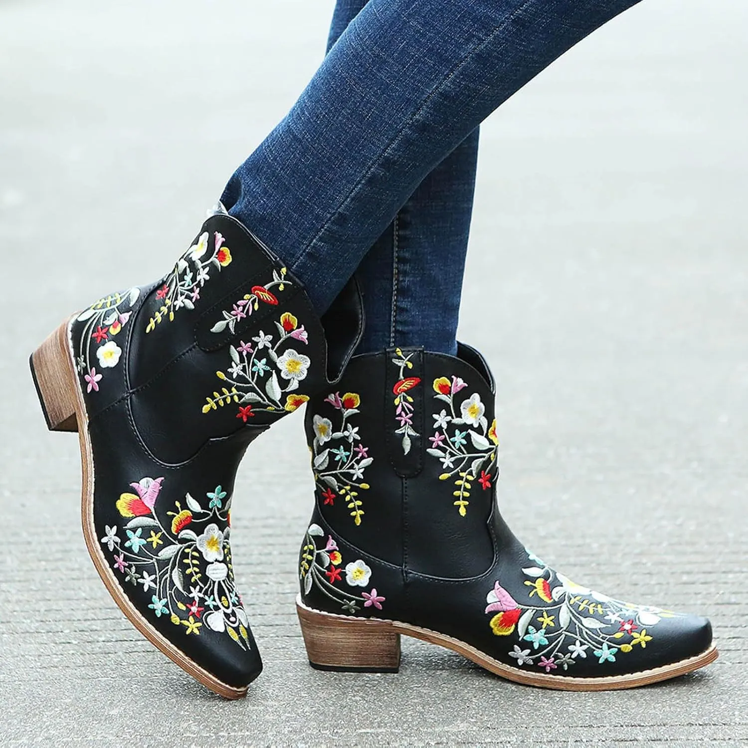 Cathalem Cowboy Boots for Women,Women Flower Embroidered Ankle Cowgirl Boots Western Boots Chunky Heel Pull On Short Boots