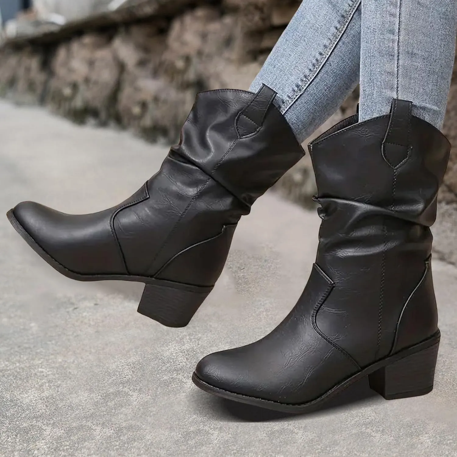 Cathalem Cowgirl Boots for Women, Cowboy Cowgirl Western Ankle Boots Low Chunky Heels Square Toe Fall Short Booties Shoes