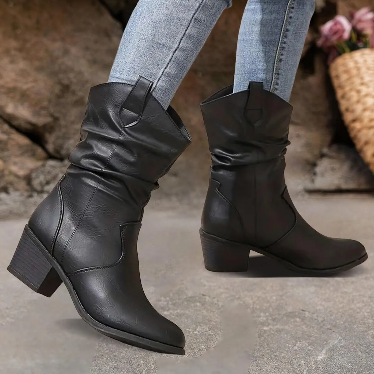 Cathalem Cowgirl Boots for Women, Cowboy Cowgirl Western Ankle Boots Low Chunky Heels Square Toe Fall Short Booties Shoes