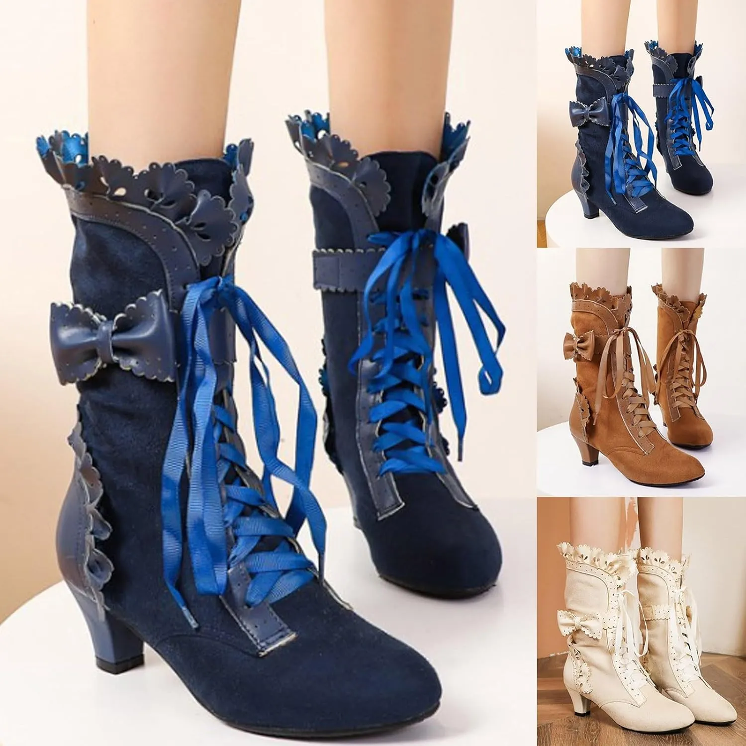 Cathalem Halloween Boots for Women, 2024 Vintage Victorian Boots 70s Lace Up Mid Calf Renaissance Boots Fall Winter Boots