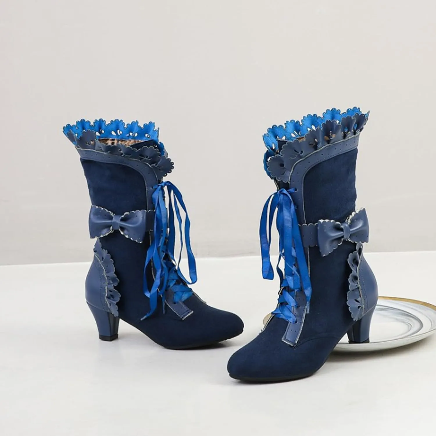 Cathalem Halloween Boots for Women, 2024 Vintage Victorian Boots 70s Lace Up Mid Calf Renaissance Boots Fall Winter Boots