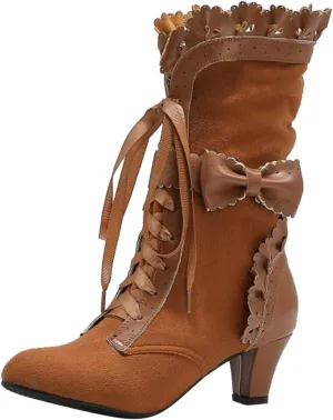 Cathalem Halloween Boots for Women, 2024 Vintage Victorian Boots 70s Lace Up Mid Calf Renaissance Boots Fall Winter Boots