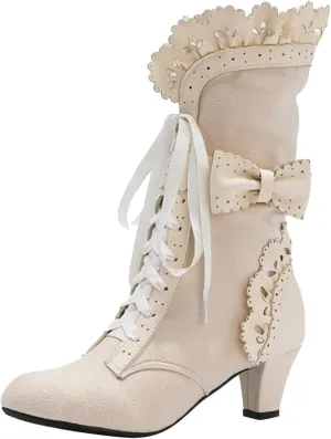 Cathalem Halloween Boots for Women, 2024 Vintage Victorian Boots 70s Lace Up Mid Calf Renaissance Boots Fall Winter Boots