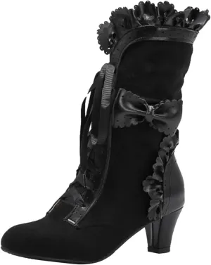 Cathalem Halloween Boots for Women, 2024 Vintage Victorian Boots 70s Lace Up Mid Calf Renaissance Boots Fall Winter Boots