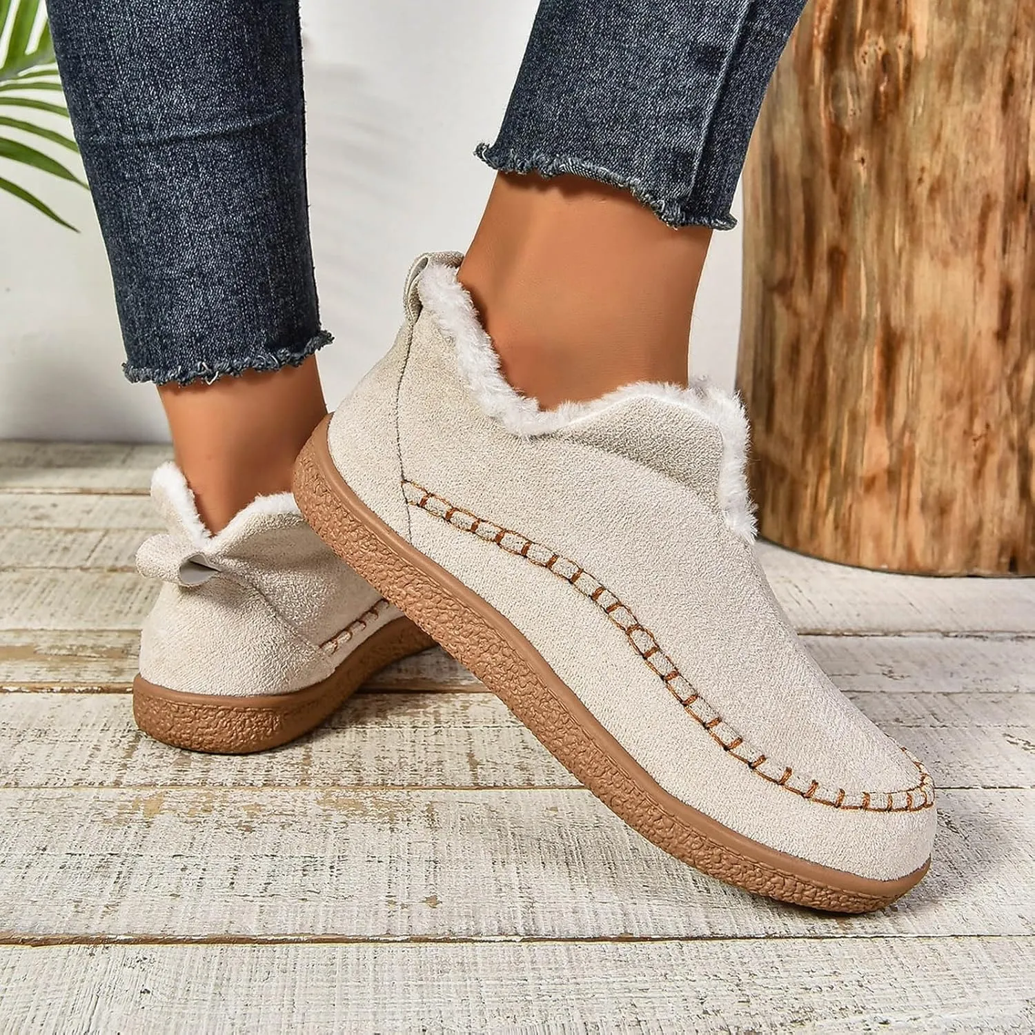 Cathalem Snow Boots for Women Winter Warm Booties Fur Lined Anti-Slip Ankle Boots Outdoor Slip On Booties Comfortable Warm Shoes