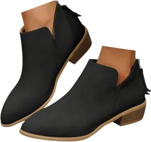 Cathalem Women's Ankle Boots Chunky Cutout Heel Pointed Toe Short Booties Shoes Ankle Booties Vintage Slip On Flat Short Boots Ladies Fashion Low Heel Boot Womens Casual Shoes