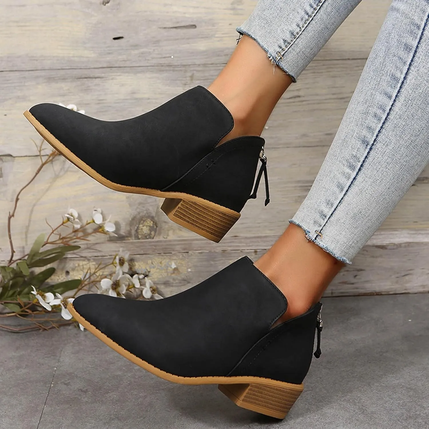 Cathalem Women's Ankle Boots Chunky Cutout Heel Pointed Toe Short Booties Shoes Ankle Booties Vintage Slip On Flat Short Boots Ladies Fashion Low Heel Boot Womens Casual Shoes