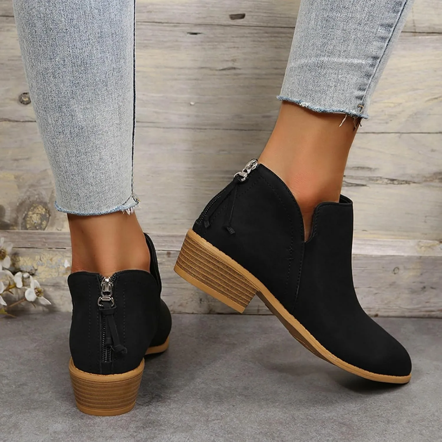 Cathalem Women's Ankle Boots Chunky Cutout Heel Pointed Toe Short Booties Shoes Ankle Booties Vintage Slip On Flat Short Boots Ladies Fashion Low Heel Boot Womens Casual Shoes