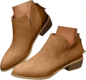 Cathalem Women's Ankle Boots Chunky Cutout Heel Pointed Toe Short Booties Shoes Ankle Booties Vintage Slip On Flat Short Boots Ladies Fashion Low Heel Boot Womens Casual Shoes