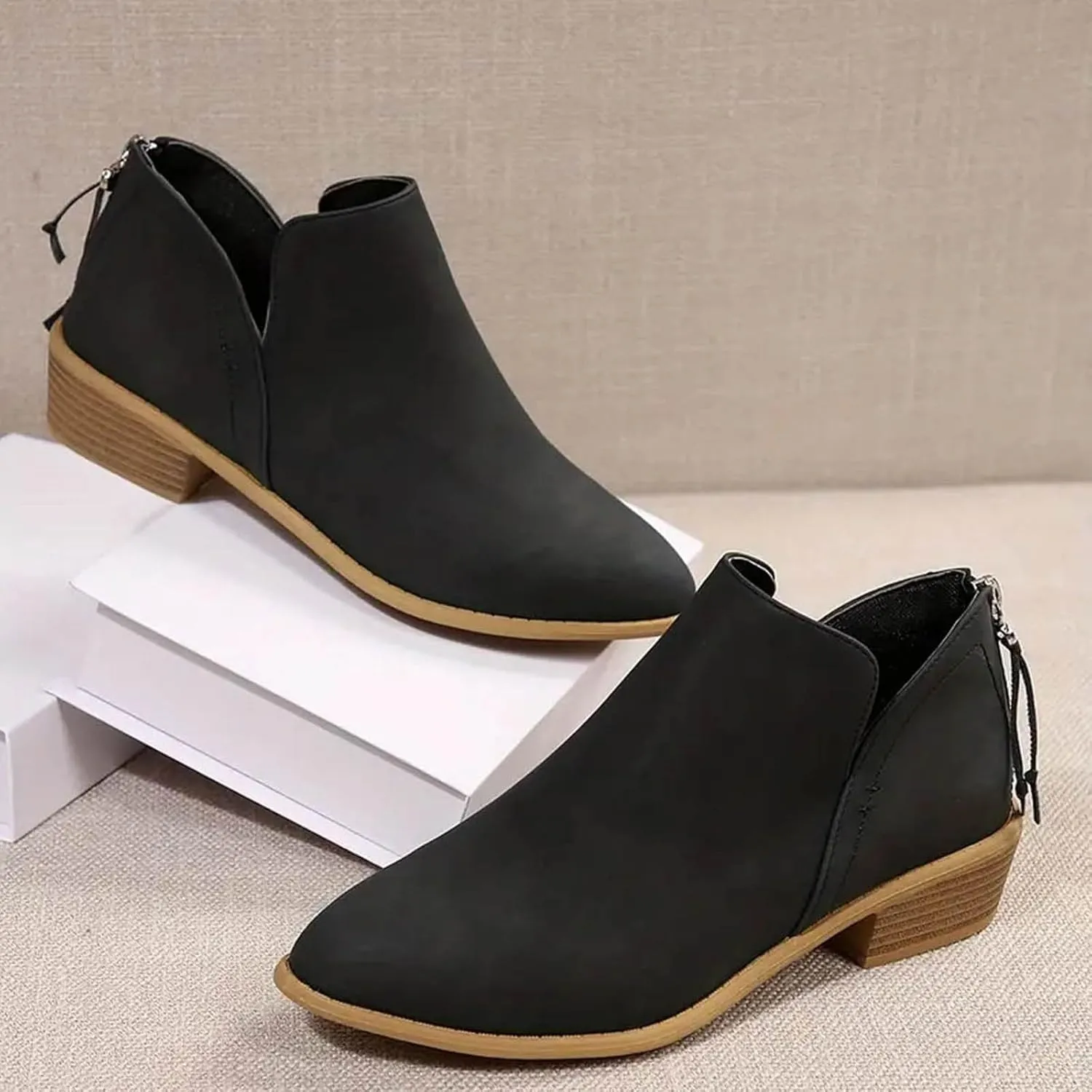 Cathalem Women's Ankle Boots Chunky Cutout Heel Pointed Toe Short Booties Shoes Ankle Booties Vintage Slip On Flat Short Boots Ladies Fashion Low Heel Boot Womens Casual Shoes