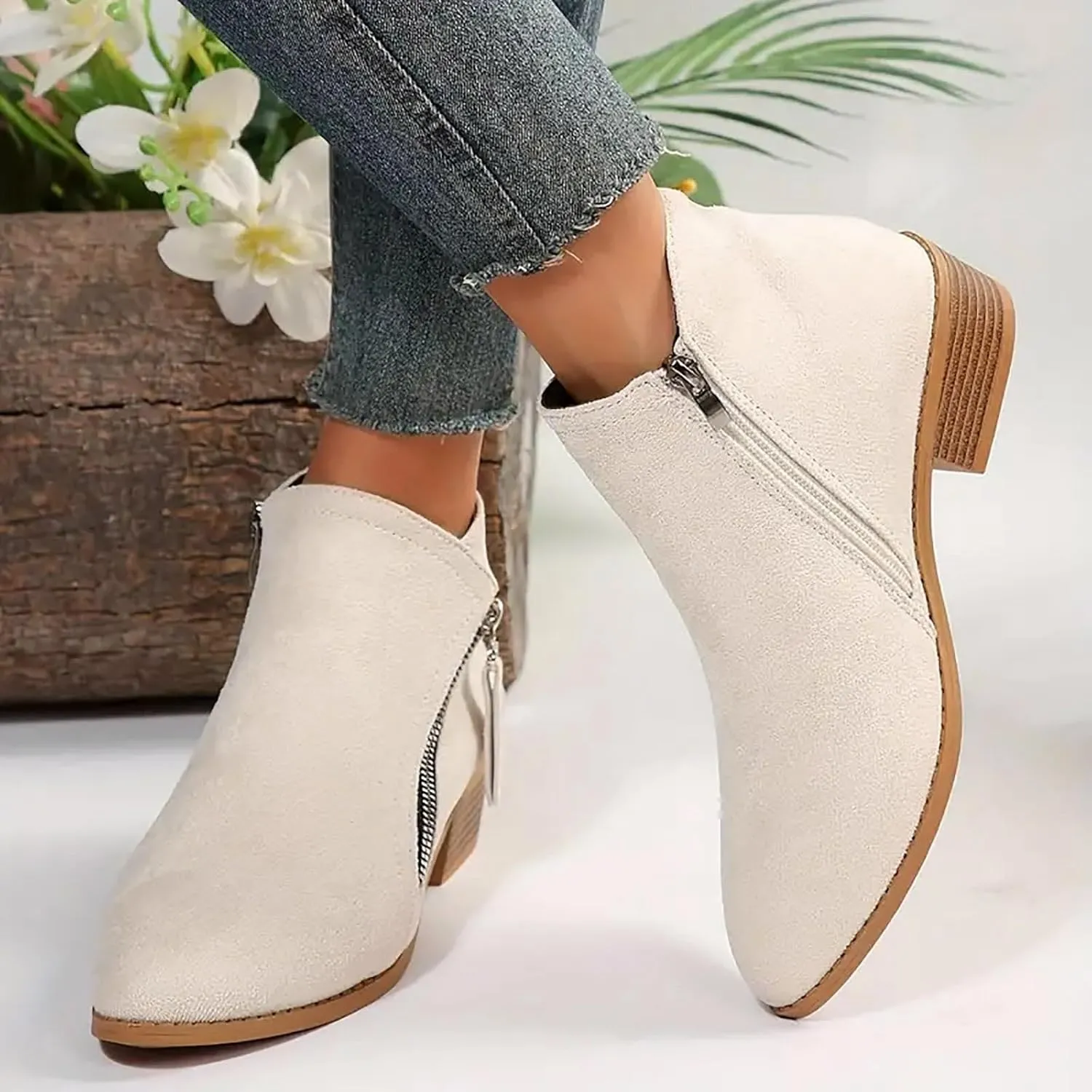 Cathalem Womens Ankle Boots, Womens Boots Fall 2024 Ankle Booties Vintage Slip on Round Toe Side Zipper Chunky Block Booties
