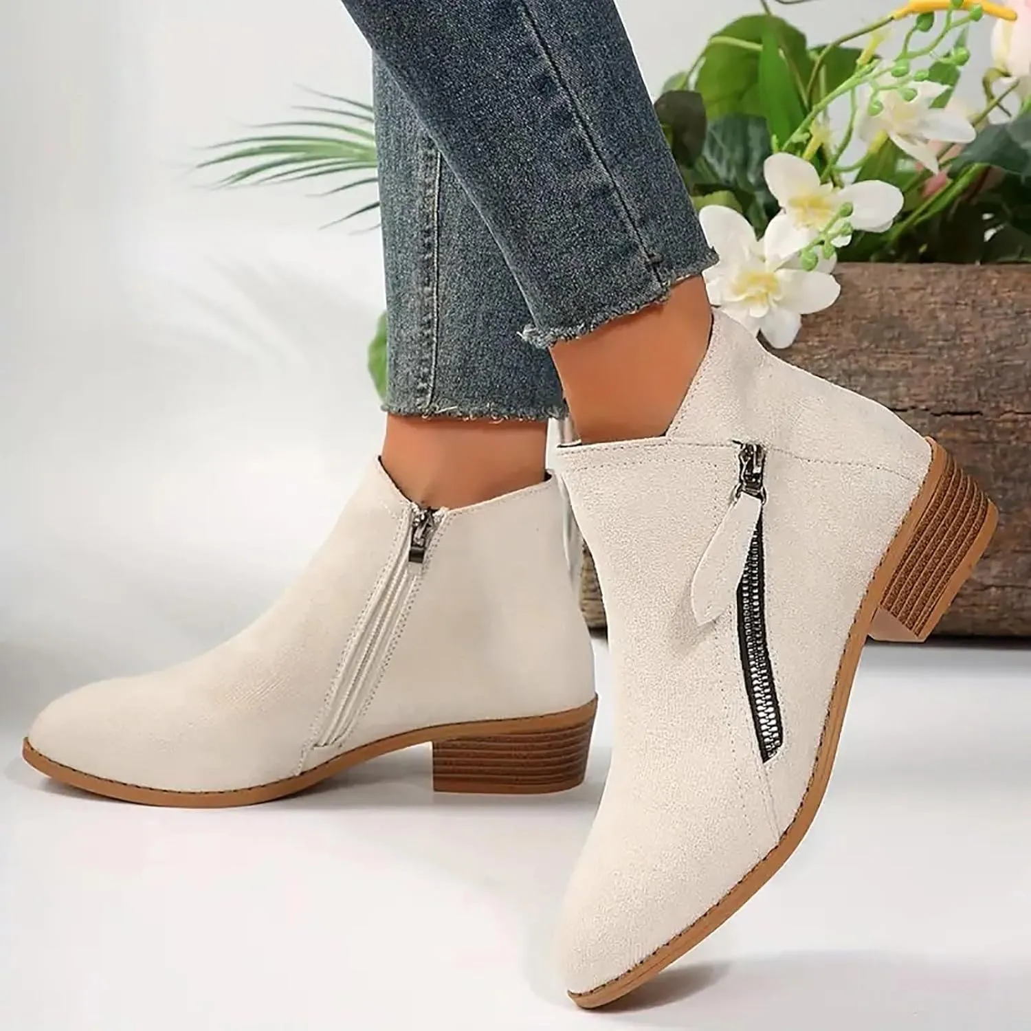 Cathalem Womens Ankle Boots, Womens Boots Fall 2024 Ankle Booties Vintage Slip on Round Toe Side Zipper Chunky Block Booties
