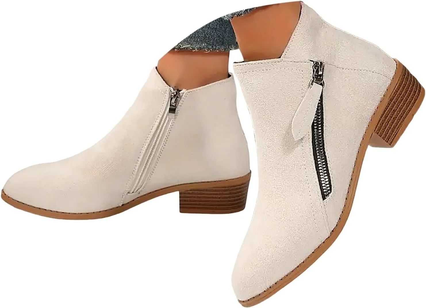 Cathalem Womens Ankle Boots, Womens Boots Fall 2024 Ankle Booties Vintage Slip on Round Toe Side Zipper Chunky Block Booties
