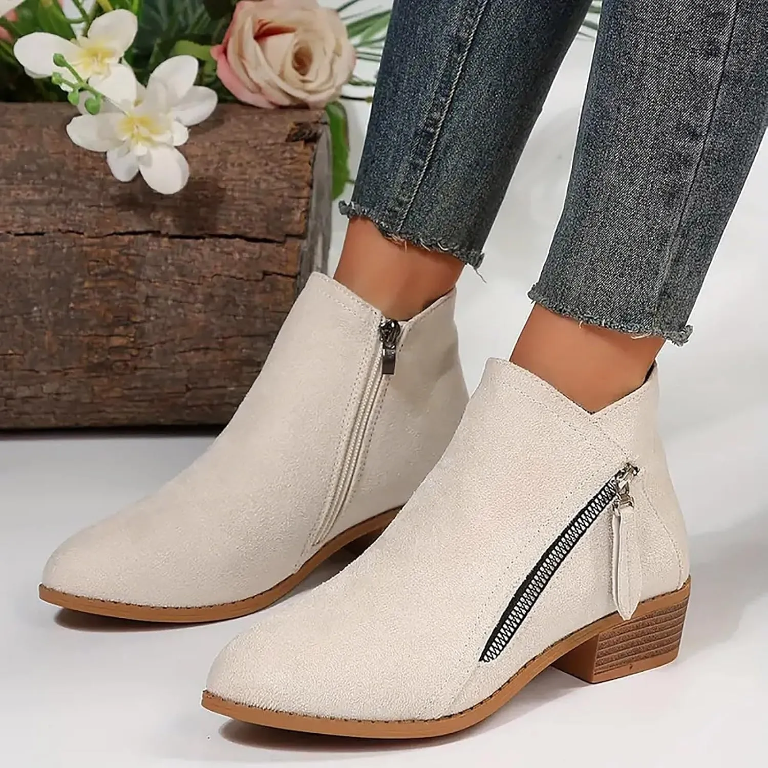 Cathalem Womens Ankle Boots, Womens Boots Fall 2024 Ankle Booties Vintage Slip on Round Toe Side Zipper Chunky Block Booties