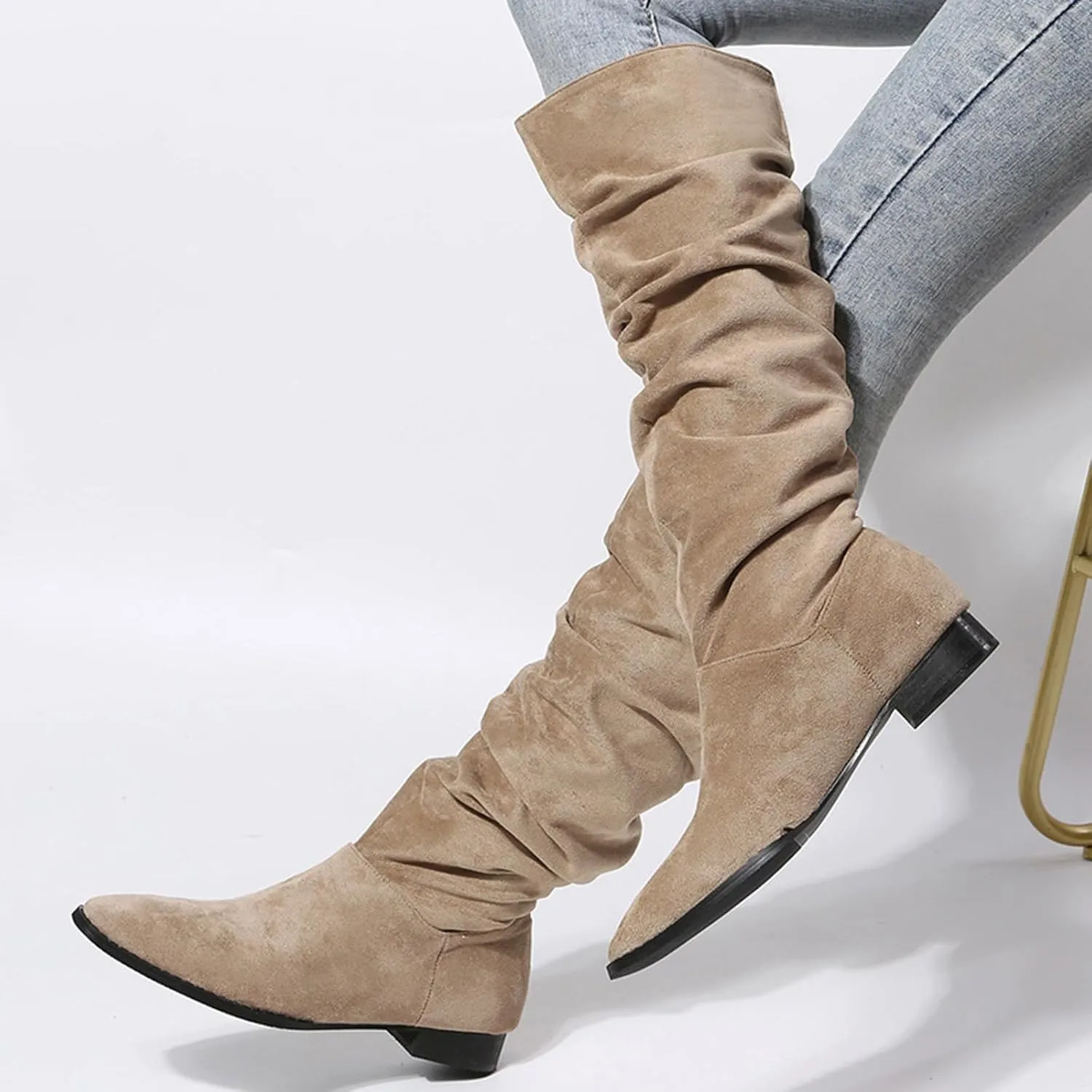Cathalem Women's Knee High Boots Flat Low Heel Slouch Pointed Toe Winter Shoes with Side Zipper Wide Calf Boots Women