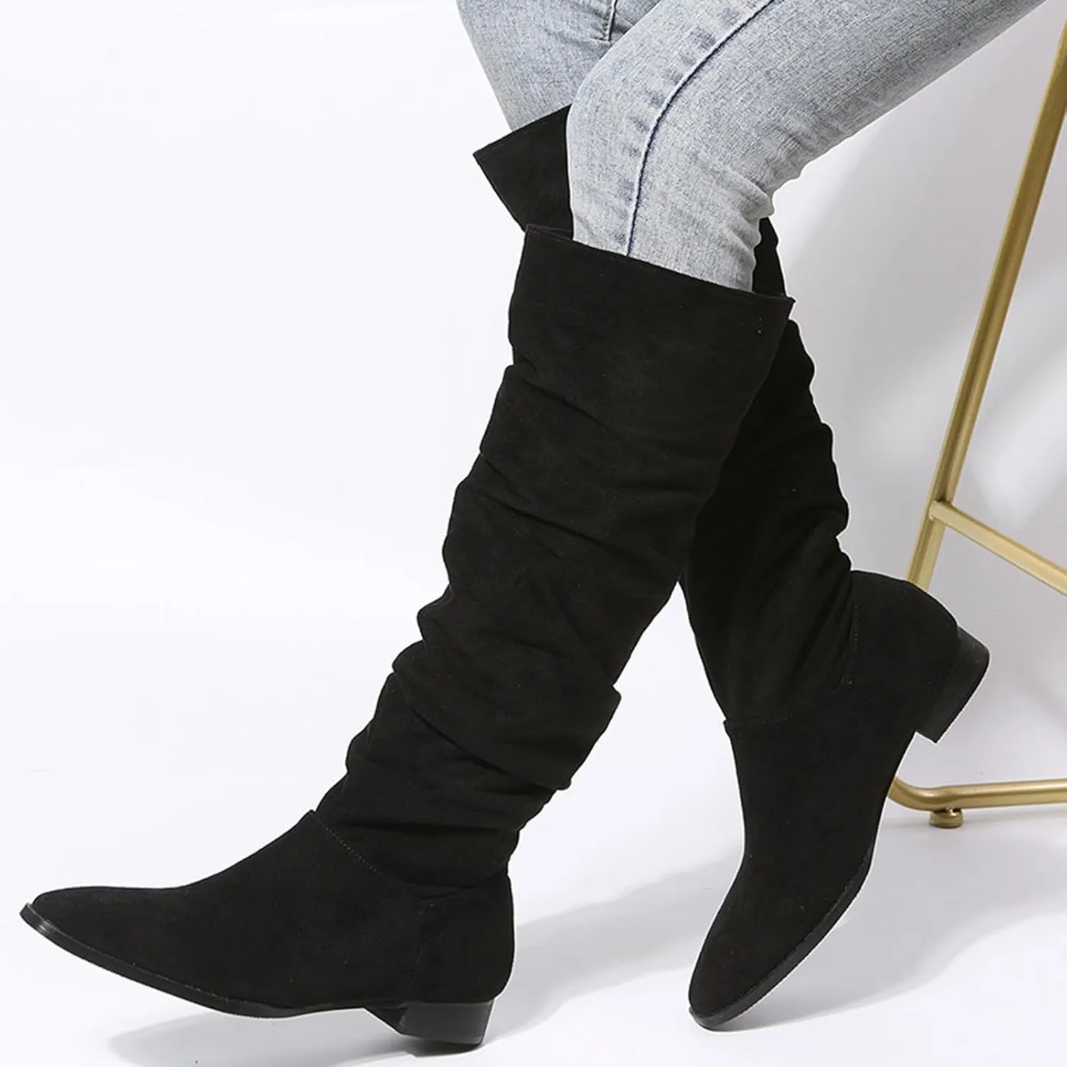 Cathalem Women's Knee High Boots Flat Low Heel Slouch Pointed Toe Winter Shoes with Side Zipper Wide Calf Boots Women