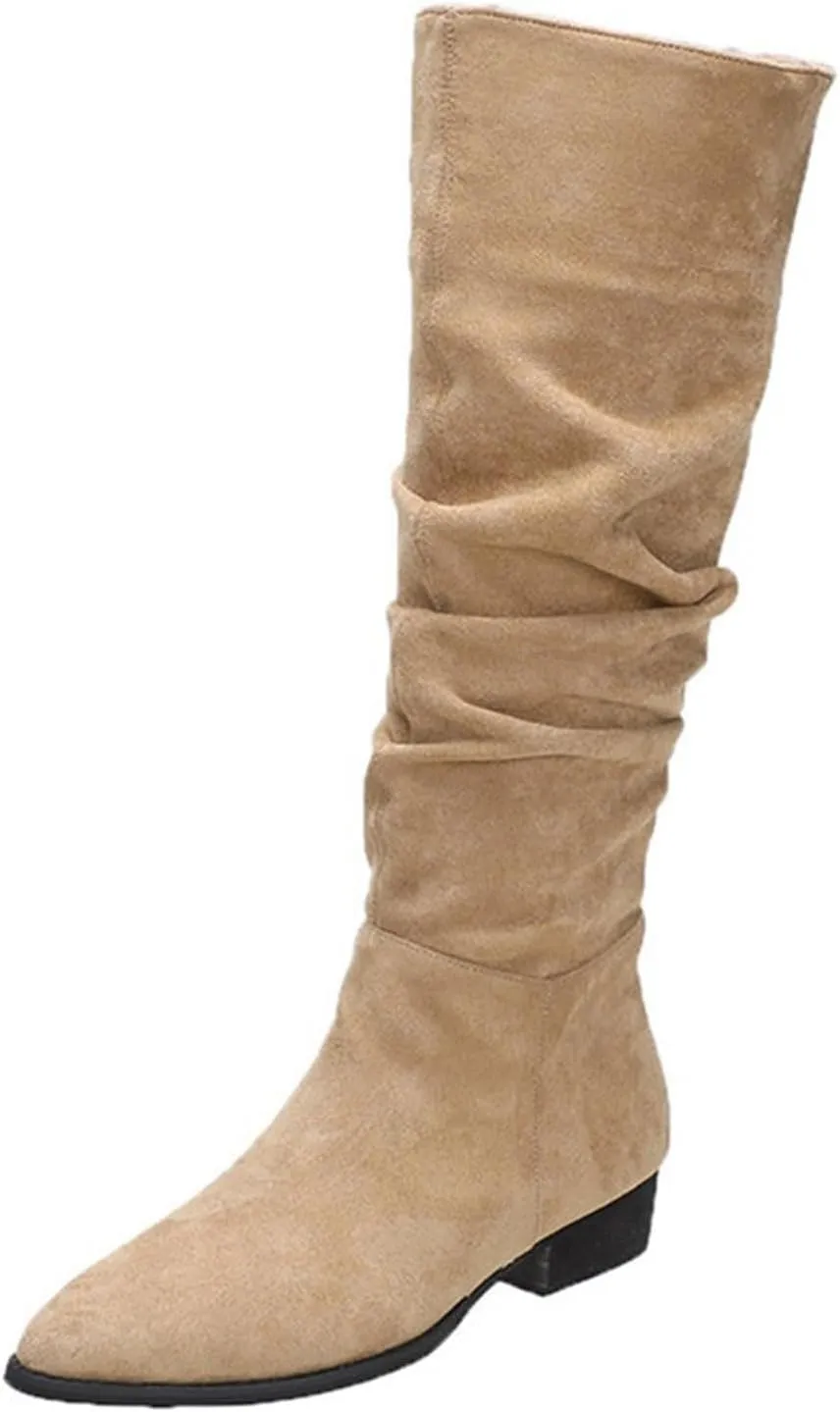 Cathalem Women's Knee High Boots Flat Low Heel Slouch Pointed Toe Winter Shoes with Side Zipper Wide Calf Boots Women
