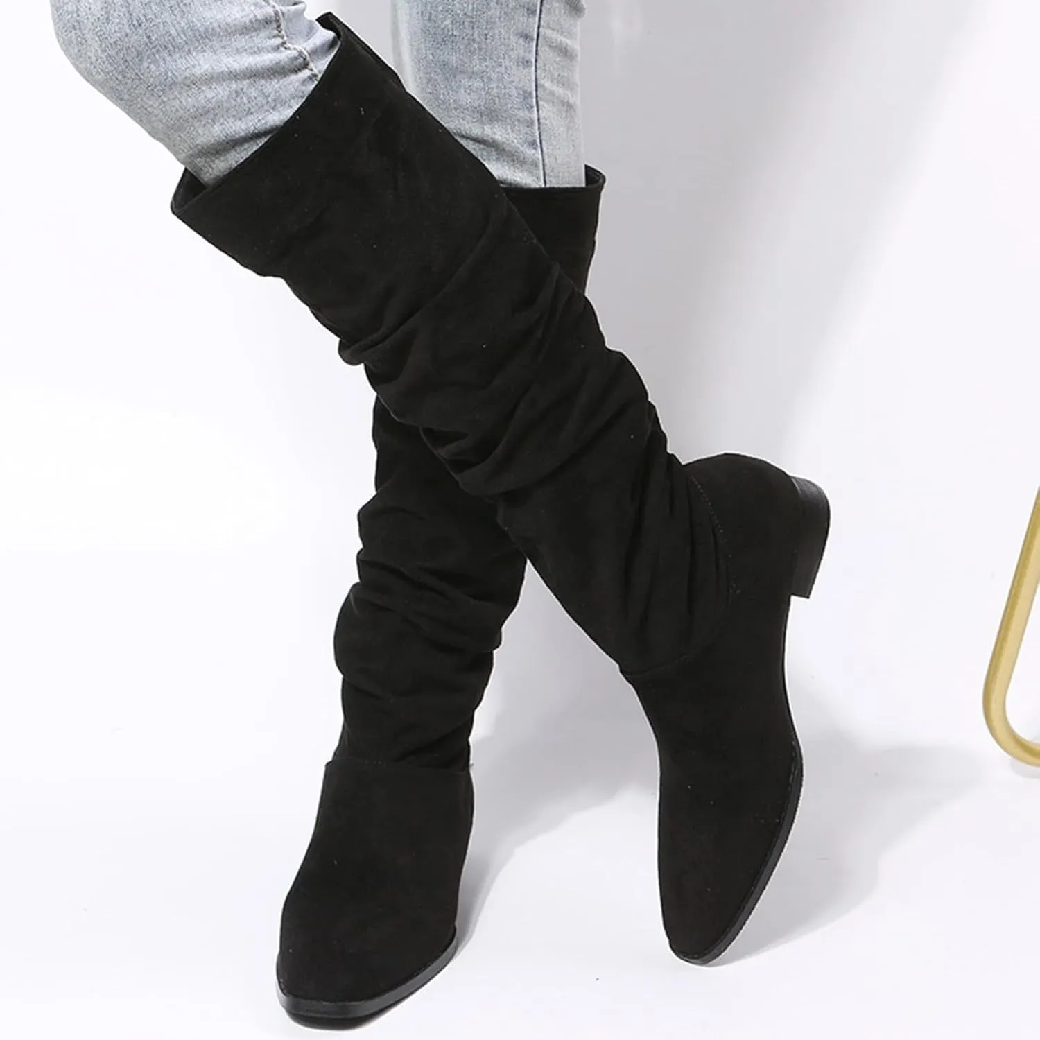 Cathalem Women's Knee High Boots Flat Low Heel Slouch Pointed Toe Winter Shoes with Side Zipper Wide Calf Boots Women
