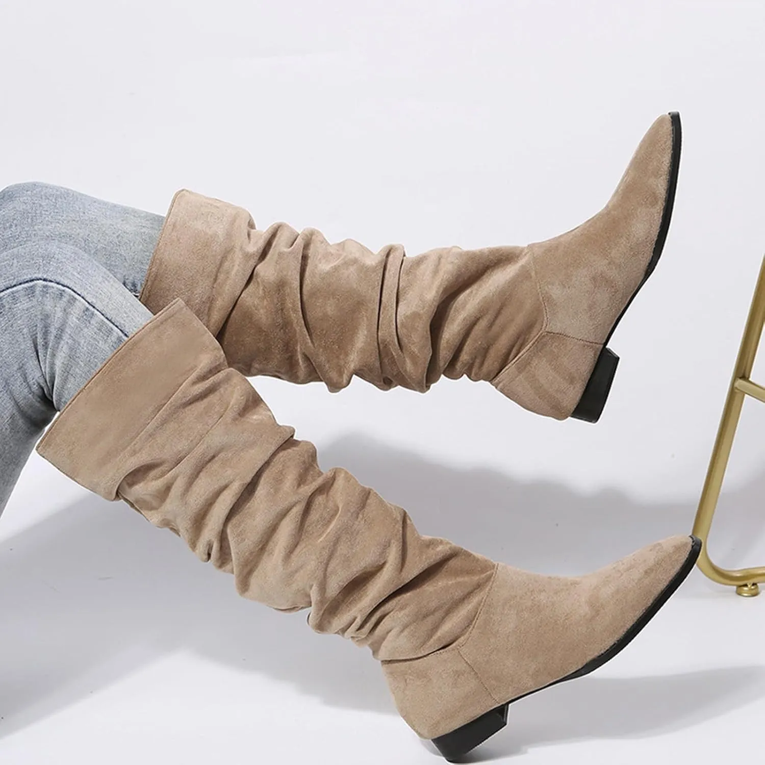 Cathalem Women's Knee High Boots Flat Low Heel Slouch Pointed Toe Winter Shoes with Side Zipper Wide Calf Boots Women