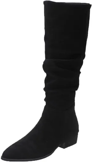 Cathalem Women's Knee High Boots Flat Low Heel Slouch Pointed Toe Winter Shoes with Side Zipper Wide Calf Boots Women