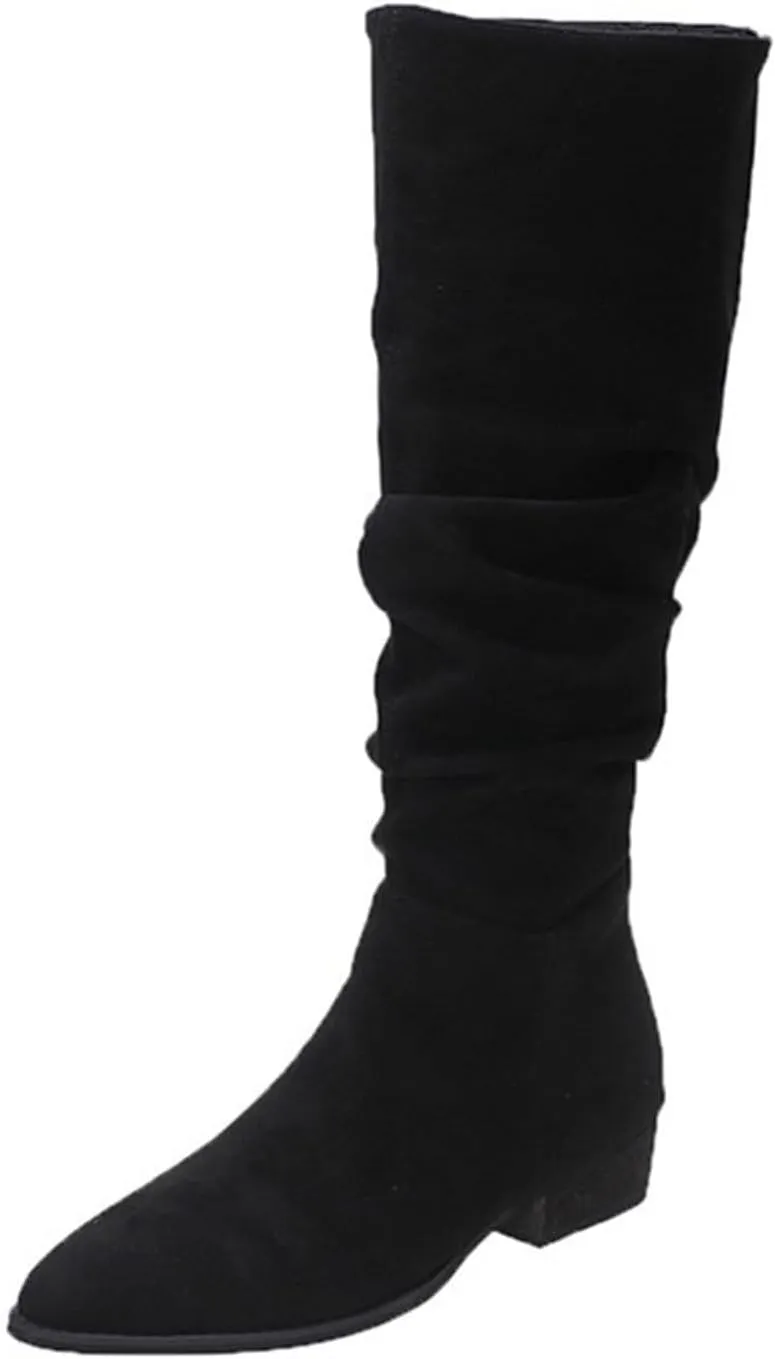 Cathalem Women's Knee High Boots Flat Low Heel Slouch Pointed Toe Winter Shoes with Side Zipper Wide Calf Boots Women
