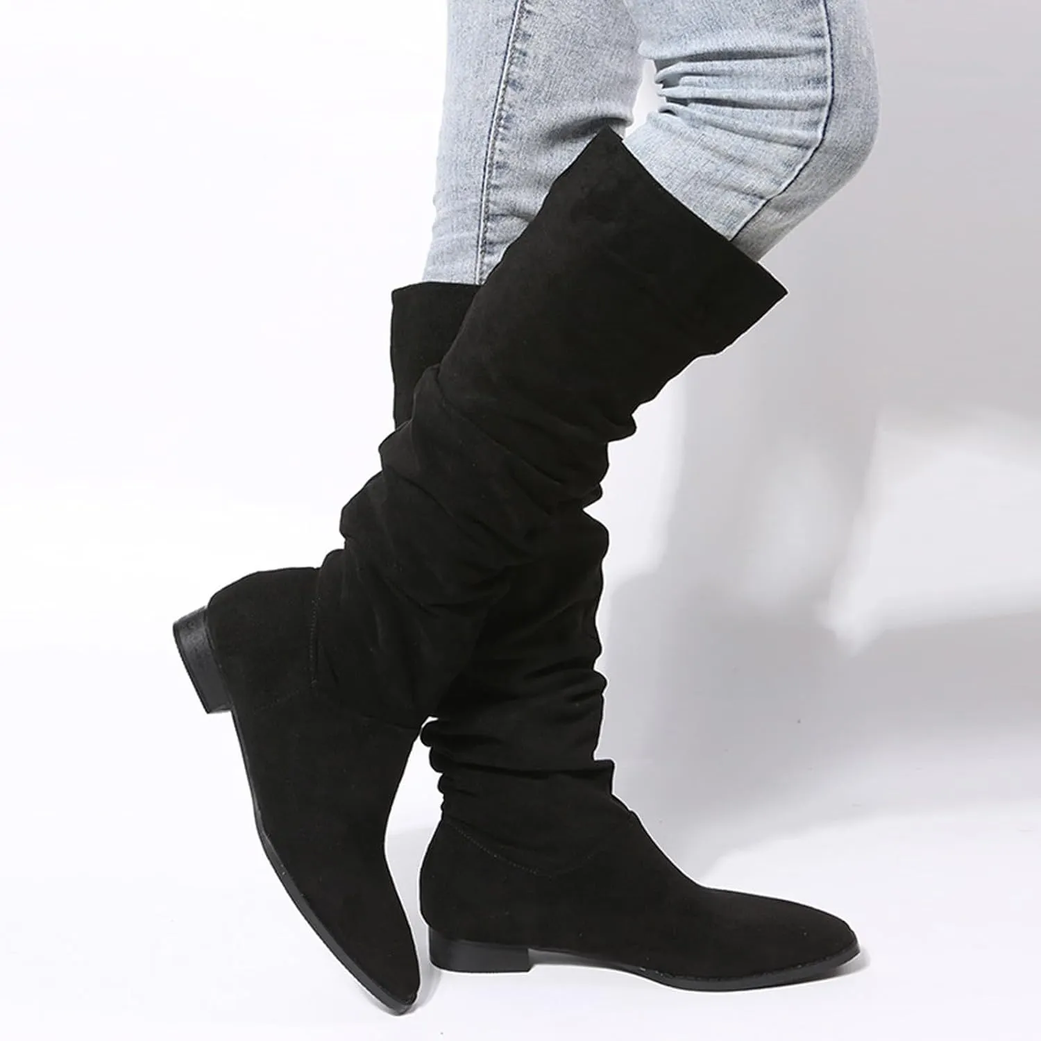 Cathalem Women's Knee High Boots Flat Low Heel Slouch Pointed Toe Winter Shoes with Side Zipper Wide Calf Boots Women