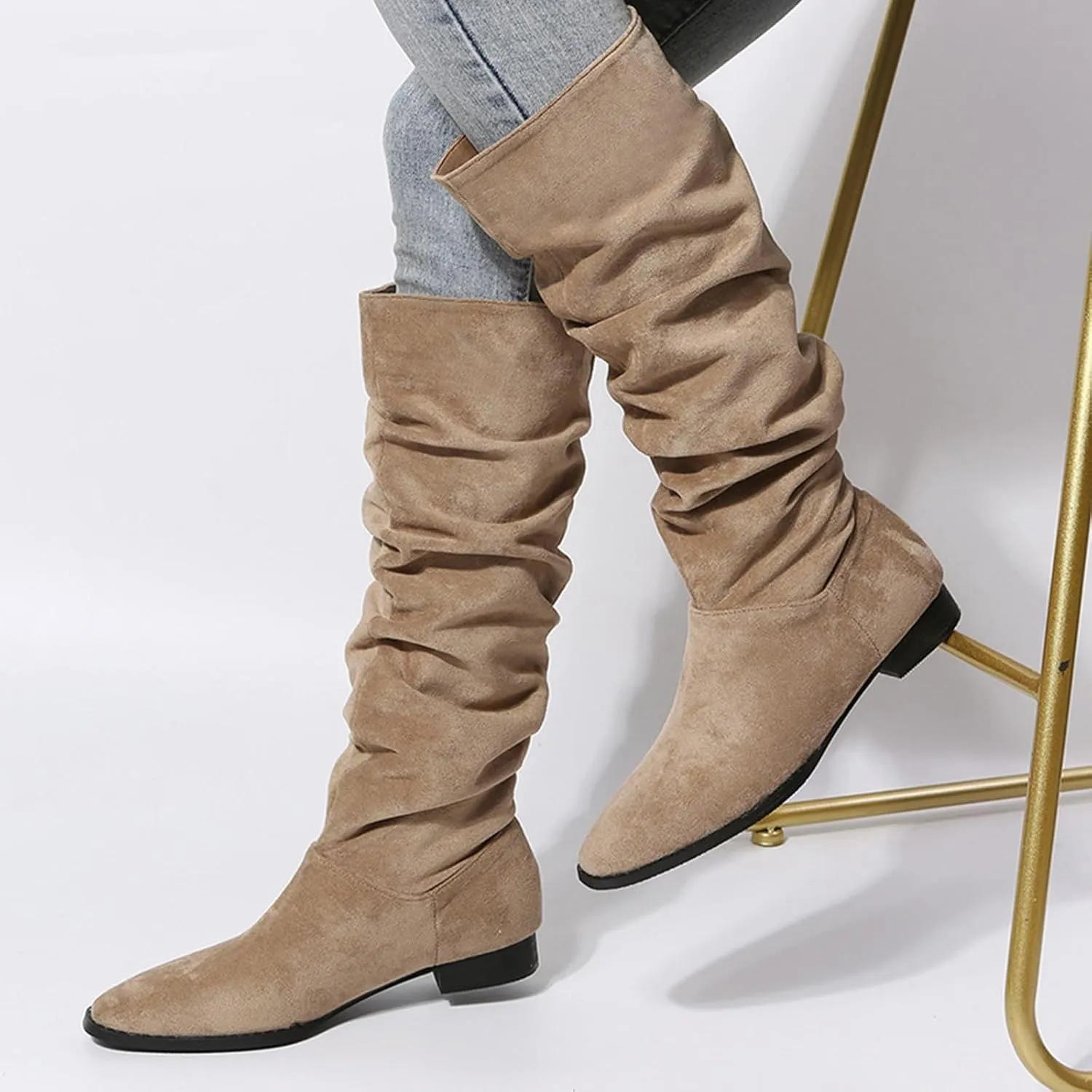 Cathalem Women's Knee High Boots Flat Low Heel Slouch Pointed Toe Winter Shoes with Side Zipper Wide Calf Boots Women