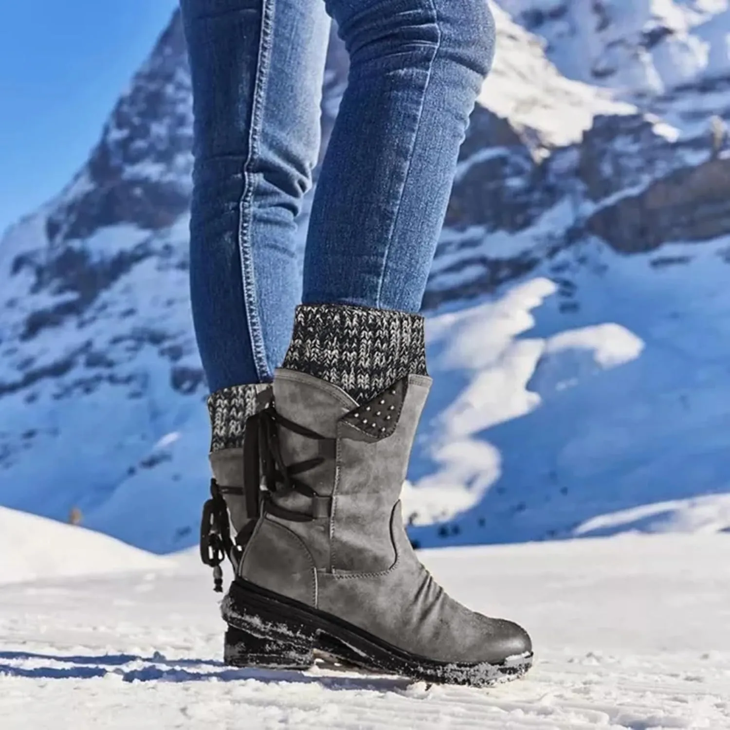 Cathalem Women's Snow Winter Boots Mid Calf Warm Faux Fur Lined Lace Up Anti-slip Outdoor Boots Women's Snow Boots