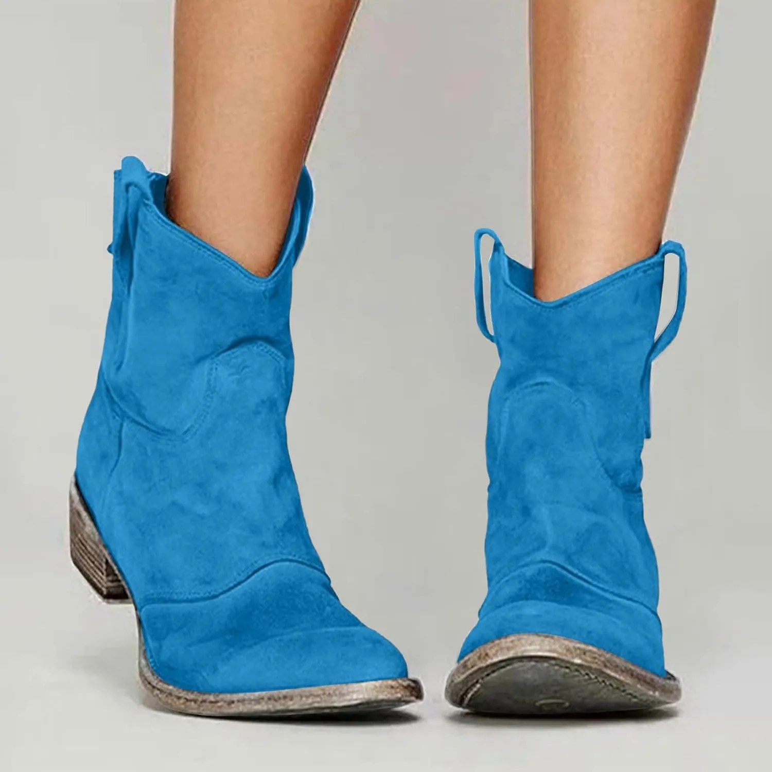 Cathalem Women's Western Cowboy Ankle Boots Low Heel Mid Calf Cowgirl Boots Slip On Round Toe Chunky Heel Fashion Retro Classic Boots Suede Back Zipper Fall Short Ankle Booties