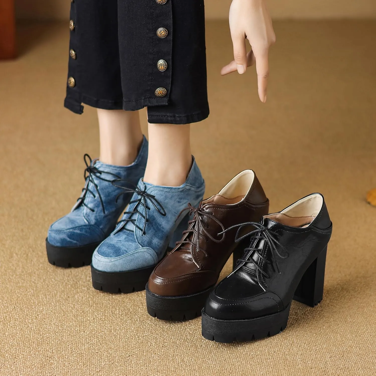 Chunky Heel Oxfords Women Lace Up Platform Derby