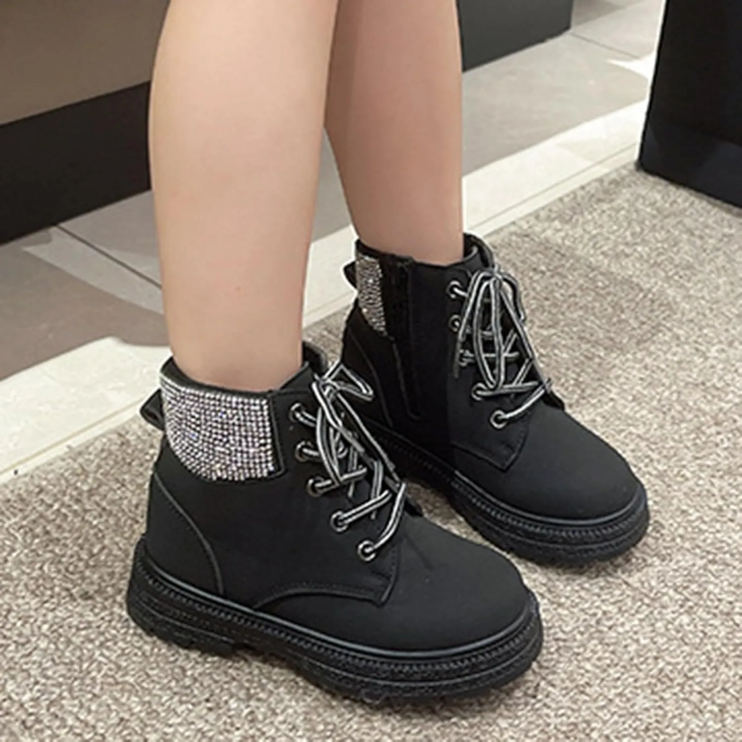 Combat Ankle Boots Kids Girls Dress Booties Platform Chunky Block Heel Boots Side Zipper Combat Shoes Snow Boots