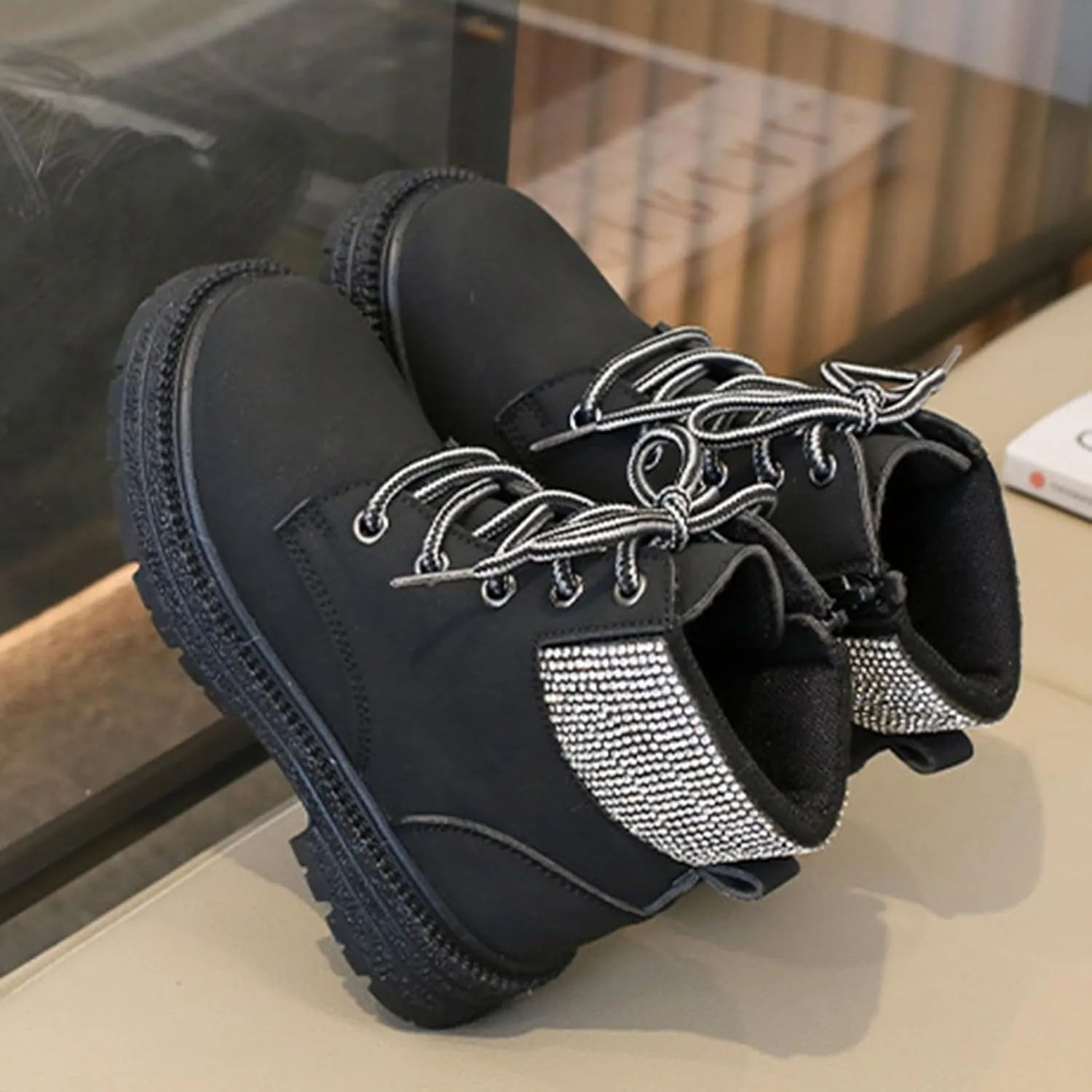 Combat Ankle Boots Kids Girls Dress Booties Platform Chunky Block Heel Boots Side Zipper Combat Shoes Snow Boots