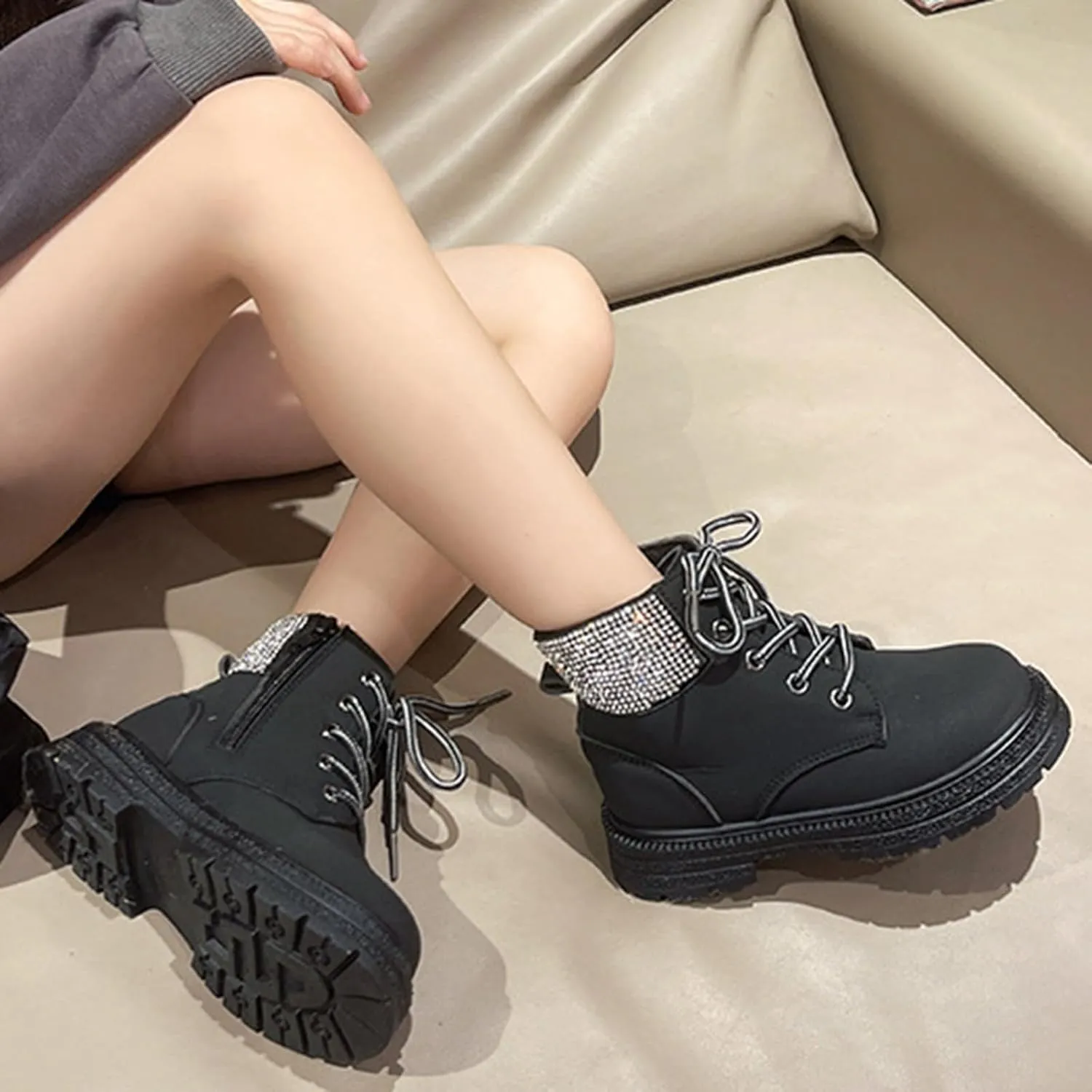 Combat Ankle Boots Kids Girls Dress Booties Platform Chunky Block Heel Boots Side Zipper Combat Shoes Snow Boots