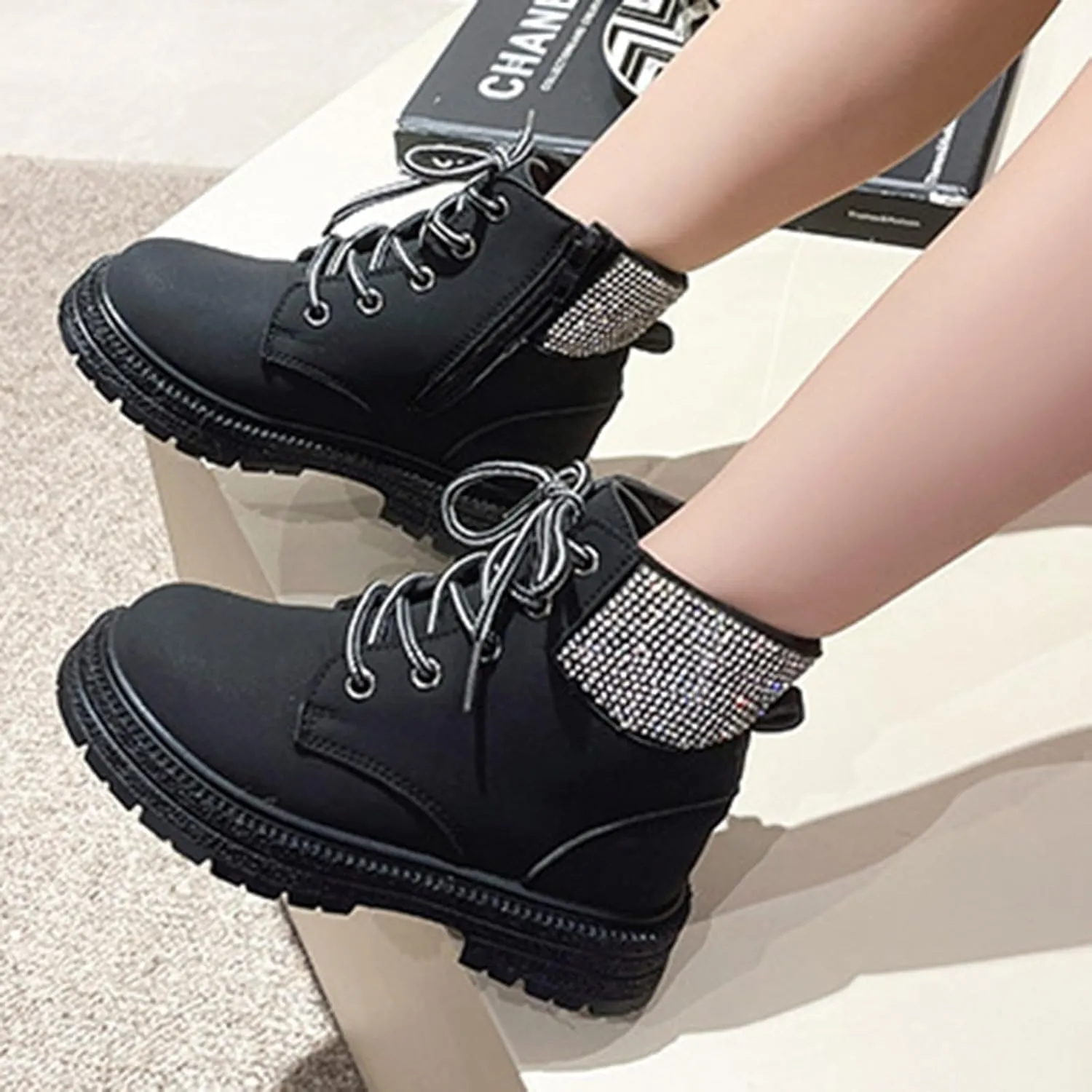 Combat Ankle Boots Kids Girls Dress Booties Platform Chunky Block Heel Boots Side Zipper Combat Shoes Snow Boots