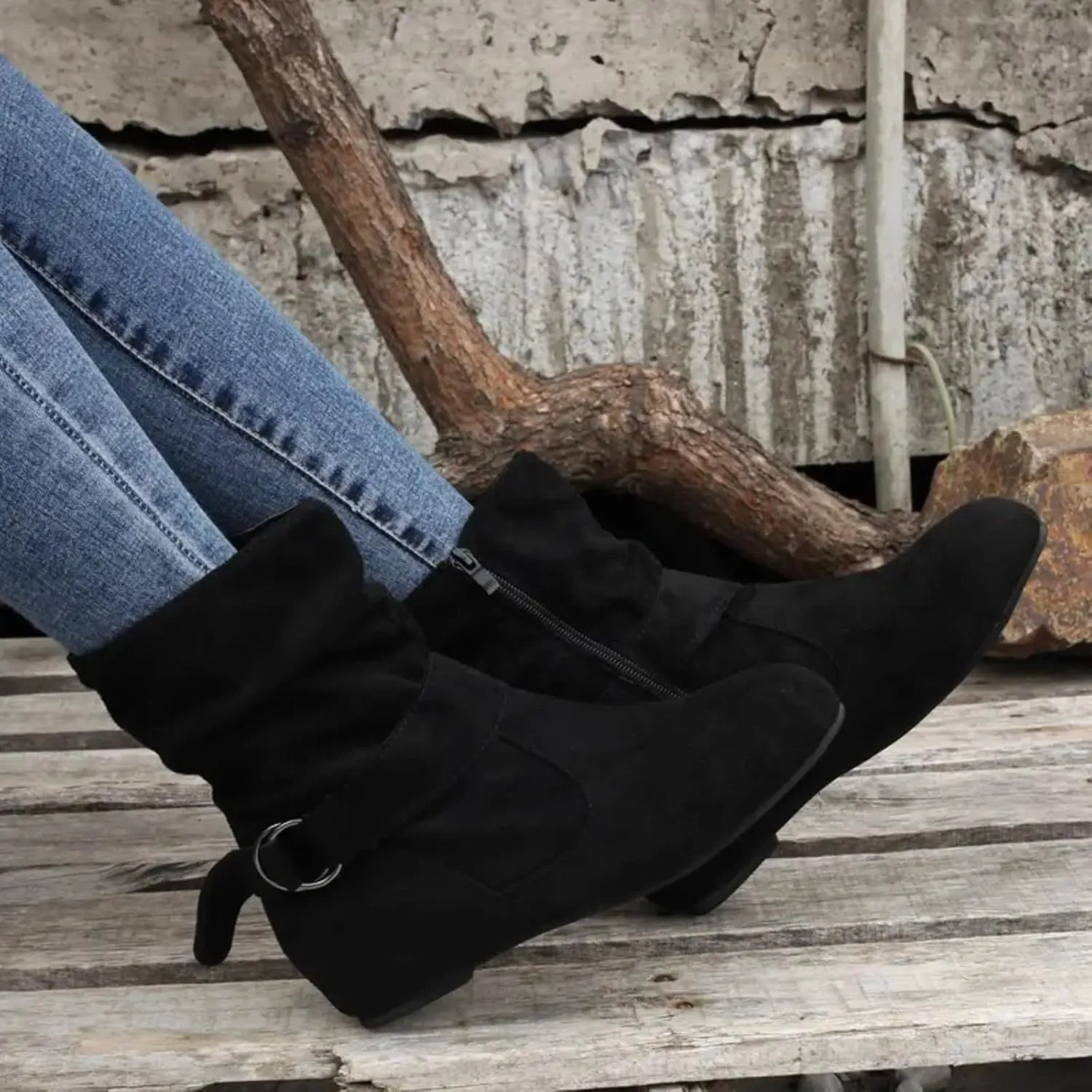 Cowboy Boots for Women With No Heels Slouchy Ruched Suede Round Toe Ankle Booties Boots Side zipper Mid Calf Fashion Boots