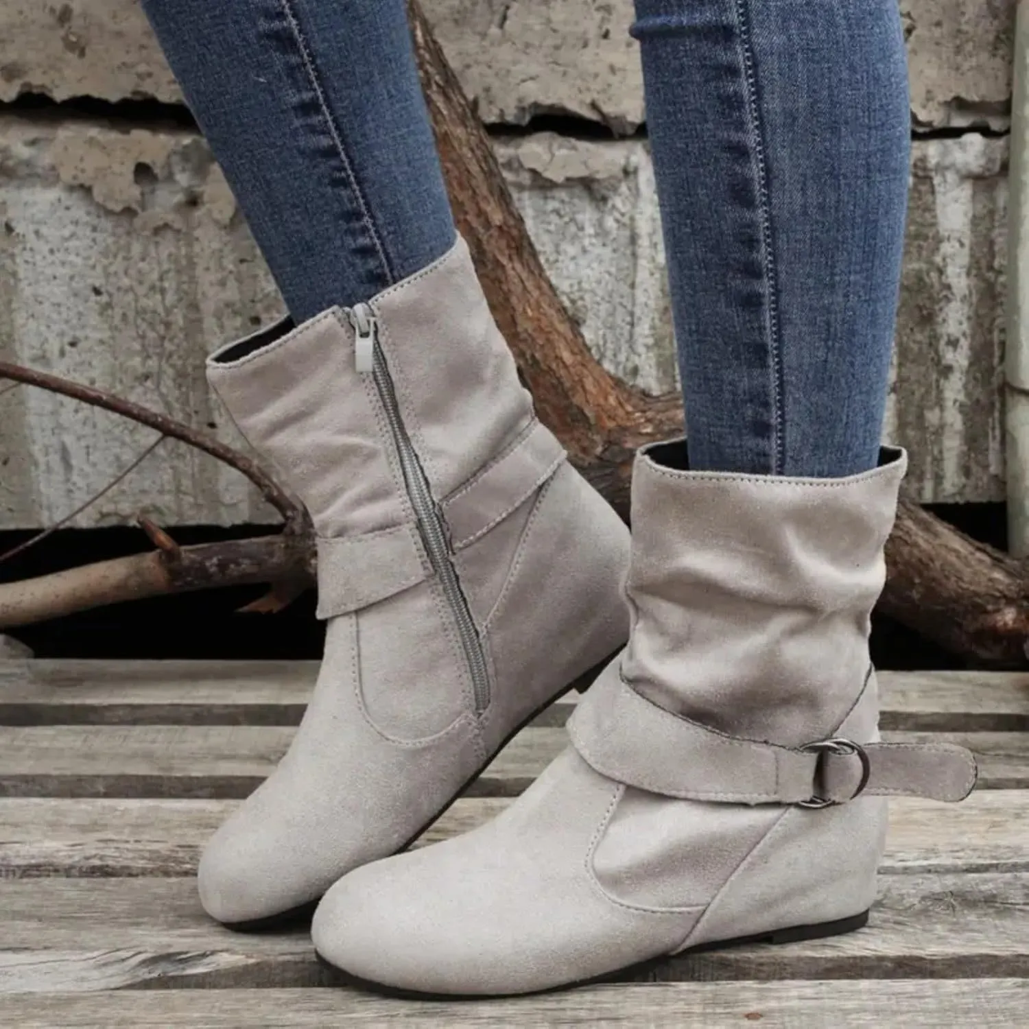 Cowboy Boots for Women With No Heels Slouchy Ruched Suede Round Toe Ankle Booties Boots Side zipper Mid Calf Fashion Boots