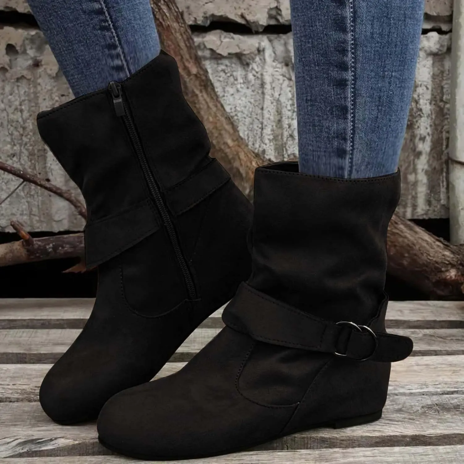 Cowboy Boots for Women With No Heels Slouchy Ruched Suede Round Toe Ankle Booties Boots Side zipper Mid Calf Fashion Boots