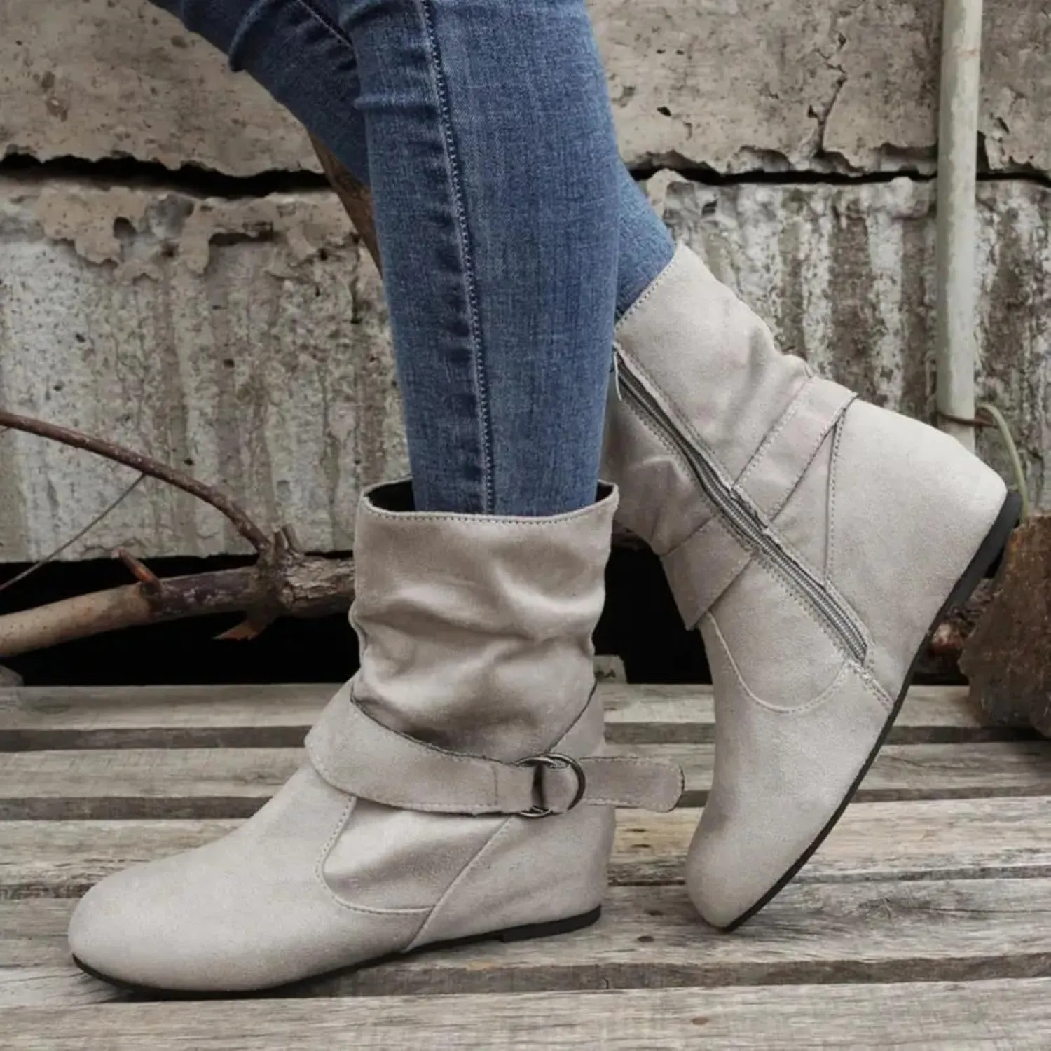 Cowboy Boots for Women With No Heels Slouchy Ruched Suede Round Toe Ankle Booties Boots Side zipper Mid Calf Fashion Boots