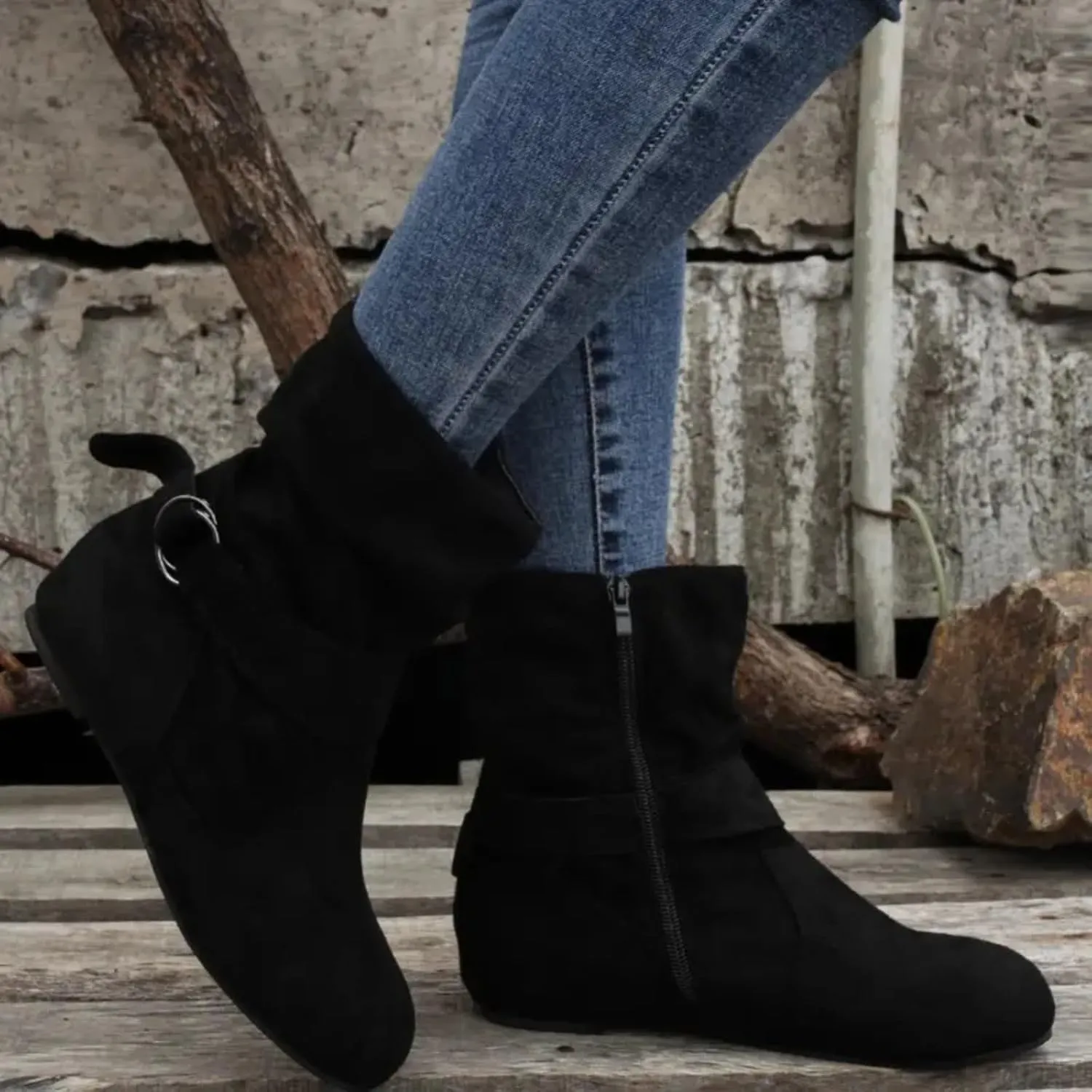 Cowboy Boots for Women With No Heels Slouchy Ruched Suede Round Toe Ankle Booties Boots Side zipper Mid Calf Fashion Boots