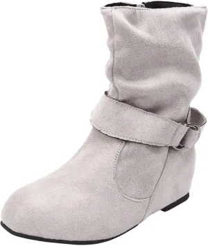 Cowboy Boots for Women With No Heels Slouchy Ruched Suede Round Toe Ankle Booties Boots Side zipper Mid Calf Fashion Boots