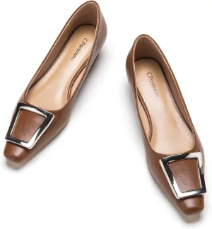C.Paravano Chunky Low Heel Women's Square Toe Pumps Slip-On Closed Toe Low Heeled Pearl Ankle Strap Pumps Bridal Wedding Shoes