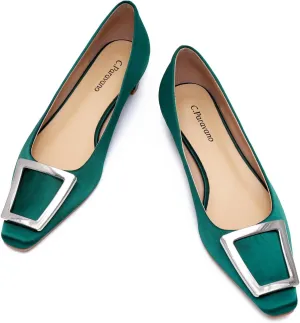 C.Paravano Women's Pumps Square Toe Low Heels Trapezoid Metal Buckle Closed Chunky Heel Dress Shoes Soft Leather Low Block Heels for Casual Outfits Satin(Green,9.5)