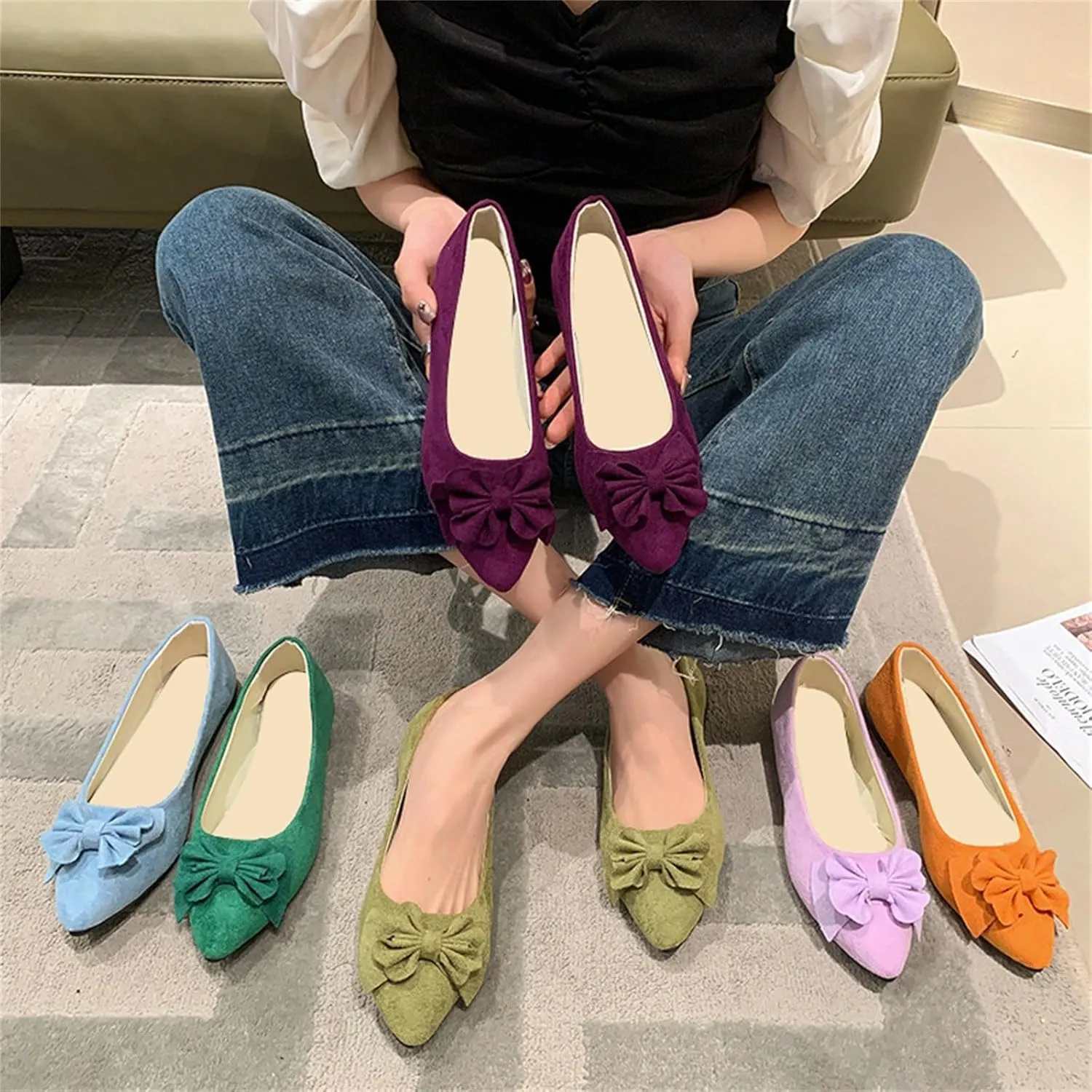 CRNTCEM Women's Pointed Toe Ballet Flats Bow-Knot Comfortable Light Weight Loafers Summer Outdoor Soft Formal Business Wedding Casual Shoes