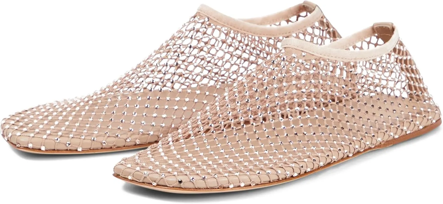 Crystal-Embellished Mesh Flats Square Toe Rhinestone Ballet Flat Slip On Ballerina Shoes Comfort Casual Glitter Flat Shoe for Woman