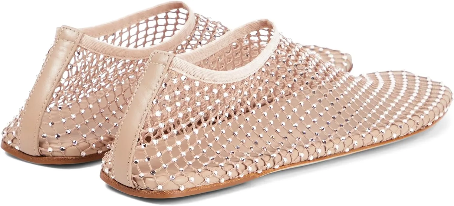 Crystal-Embellished Mesh Flats Square Toe Rhinestone Ballet Flat Slip On Ballerina Shoes Comfort Casual Glitter Flat Shoe for Woman